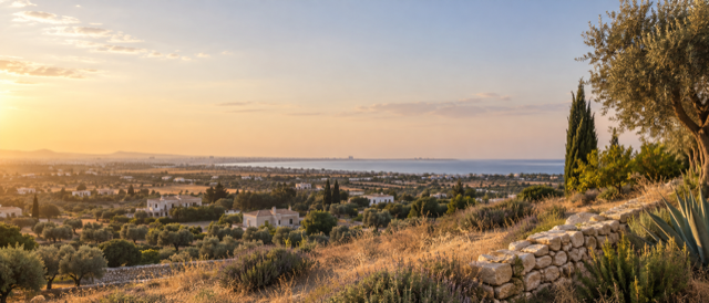 Generated artwork, not a photograph: an illustrative view over the Cypriot coastal plain towards Larnaca Bay.